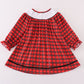 Red christmas santa embroidery smocked plaid bishop dress