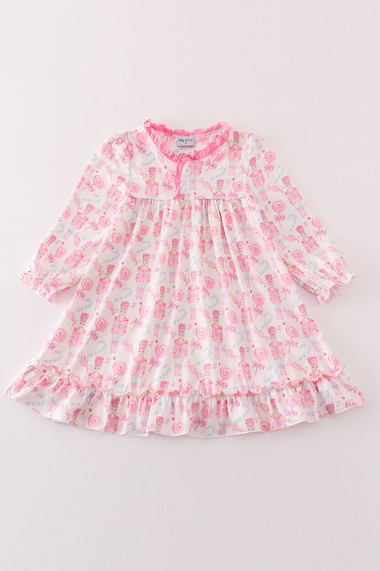 Pink nutcracker print girl ruffle gown