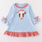 Blue christmas cow applique girl dress