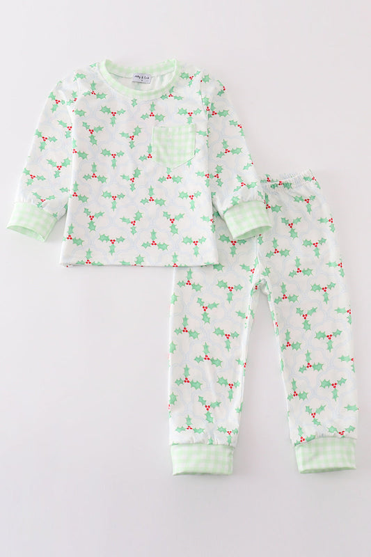 Green christmas holly print boy set