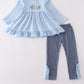Blue believe embroidery ruffle pants set