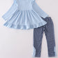 Blue believe embroidery ruffle pants set