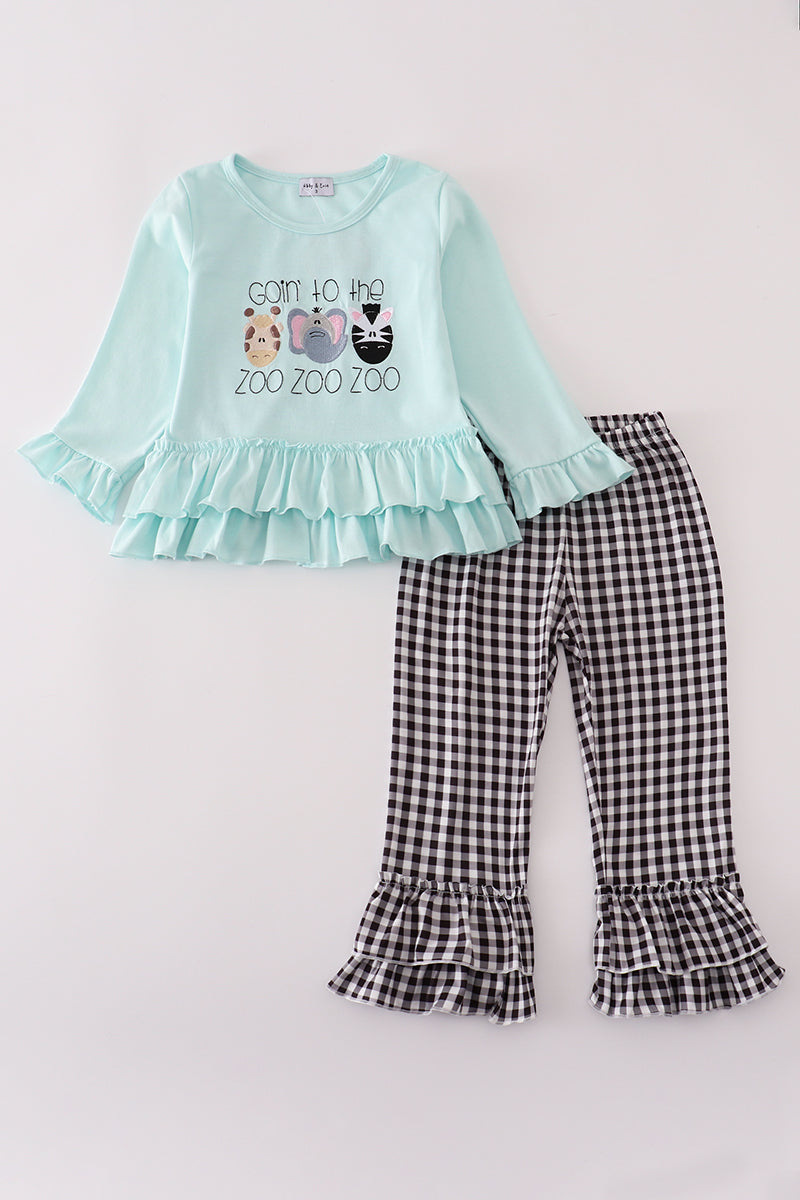 Blue GOIN TO THE ZOO embroidery ruffle pants set