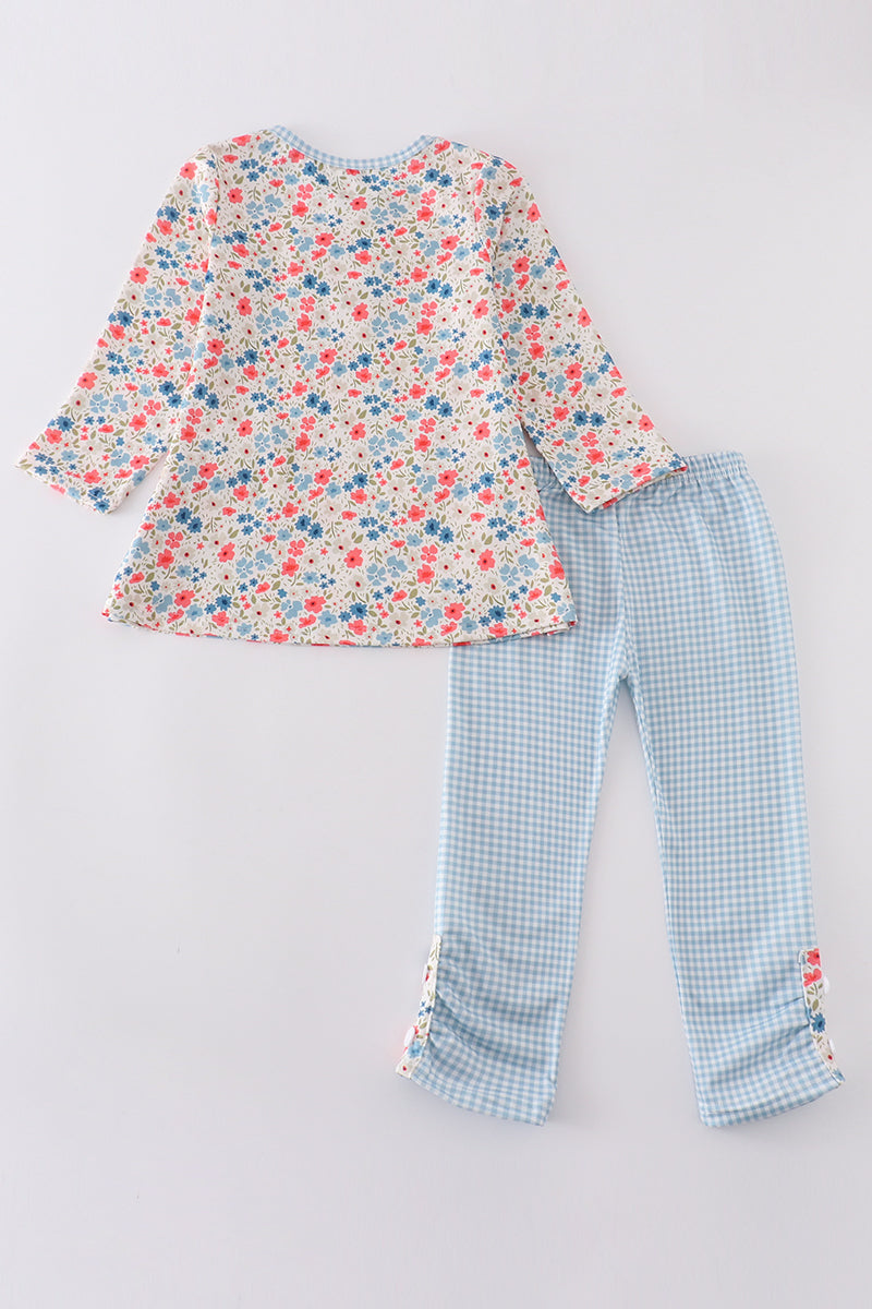 Pink&blue floral print girl set