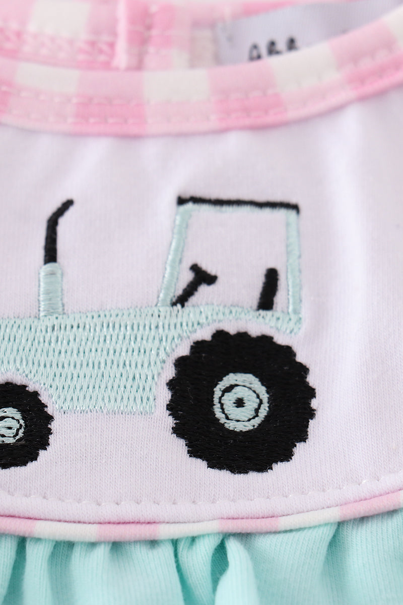 Pink tractor embroidery gingham girl bubble