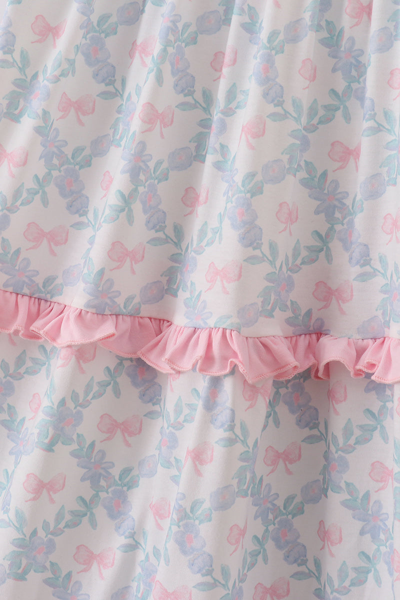 Pink bow print  ruffle mom dress