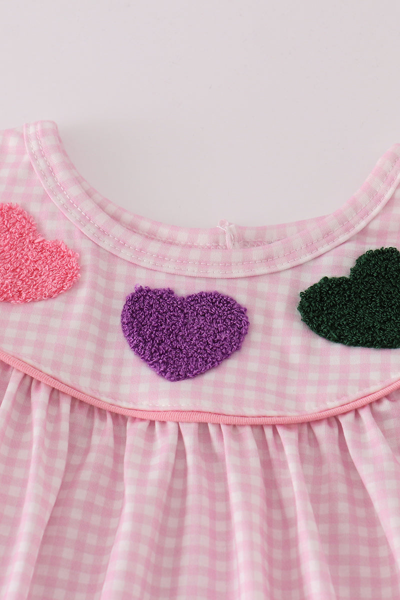 Pink gingham heart french knot girl set