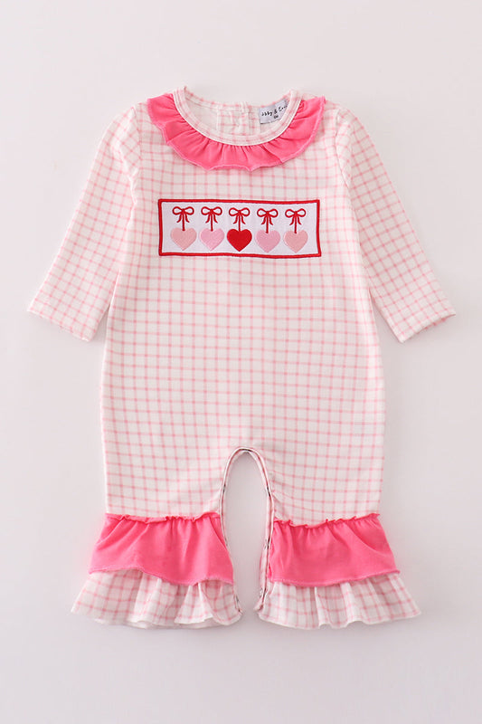 Pink plaid heart embroidery girl romper