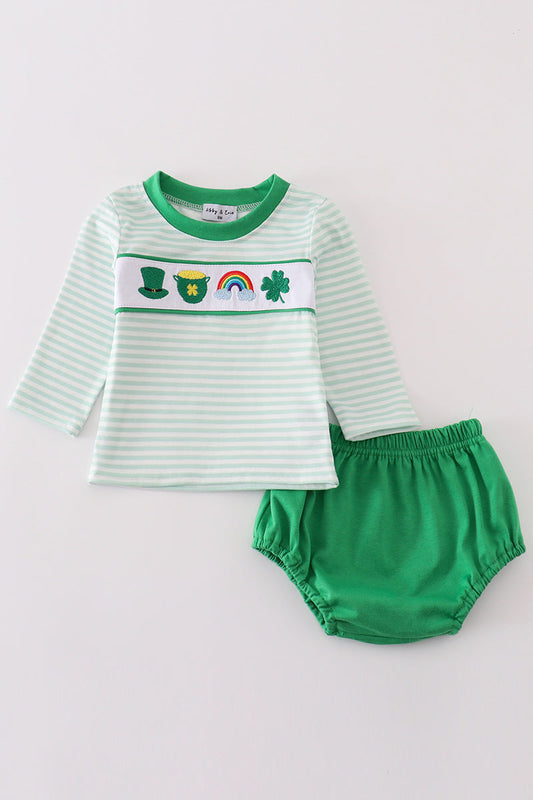 Green lucky clover embroidery boy bloomer set