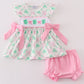 Pink green bow clover embroidery girl bloomer set