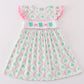 Pink green bow clover embroidery girl dress