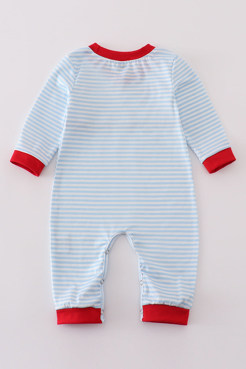 Blue stripe heart embroidery boy romper