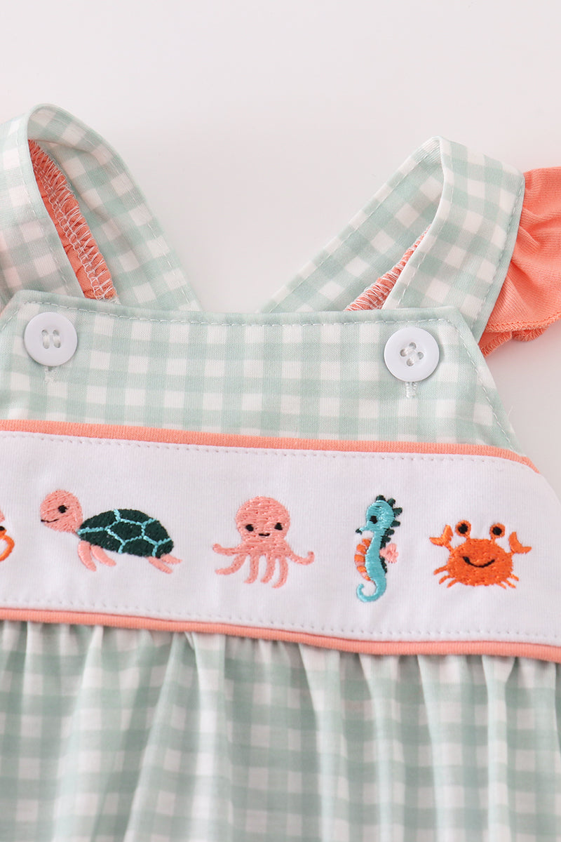 Coral & sage marine creature embroidery girl bubble