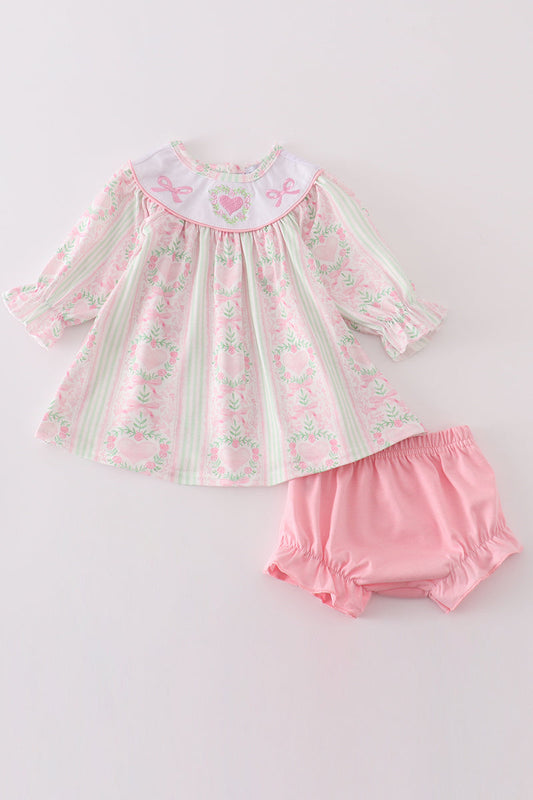 Valentine's day heart bow embroidery girl bloomer set