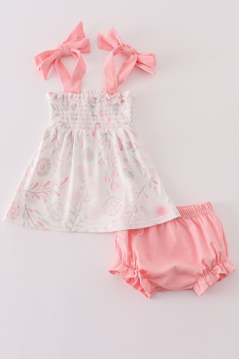 Pink Blush Meadow smocked girl bloomer set