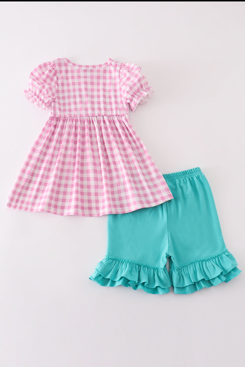 Pink let's baking embroidery girl gingham set