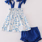 Blue Porcelain Petals print smocked girl bloomer set