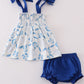 Blue Porcelain Petals print smocked girl bloomer set