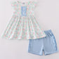 Blue floral bow print girl set