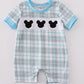 Blue plaid character embroidery boy romper