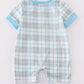 Blue plaid character embroidery boy romper