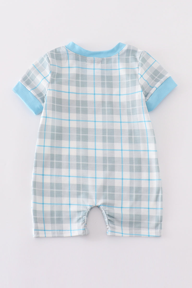 Blue plaid character embroidery boy romper