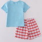 Blue farm embroidery smocked shorts set