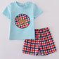 Blue puppy gingham applique shorts set