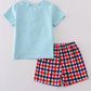 Blue puppy gingham applique shorts set