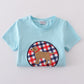 Blue puppy gingham applique shorts set