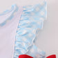 Blue flag embroidery bow gingham ruffle shorts set