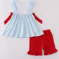 Blue flag embroidery bow gingham ruffle shorts set