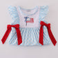 Blue flag embroidery bow gingham ruffle shorts set