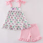 Pink bow embroidery ruffle shorts set