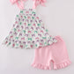 Pink bow embroidery ruffle shorts set