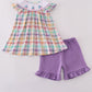 Purple sailboats embroidery ruffle shorts set
