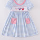 Blue character embroidery gingham ruffle dress