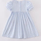 Blue character embroidery gingham ruffle dress