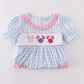 Blue character embroidery gingham ruffle dress