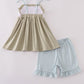 Green farm windmill embroidery ruffle shorts set