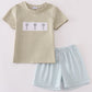 Green farm windmill embroidery shorts set