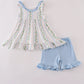 Blue floral print ruffle shorts set