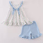 Blue floral print ruffle shorts set