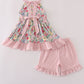Pink floral bow ruffle shorts set
