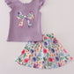 Purple floral bow applique active skorts set