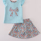Blue floral bow applique active skorts set