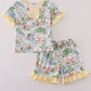 Yellow character print ruffle shorts set