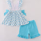 Blue character embroidery bow ruffle shorts set