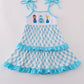 Blue character embroidery ruffle tiered dress