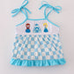 Blue character embroidery ruffle tiered dress